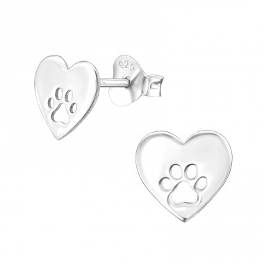 Paw print inside heart - 925 Sterling Silver Plain Ear Studs A4S44721