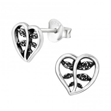 Leaf inside heart - 925 Sterling Silver Plain Ear Studs A4S45238