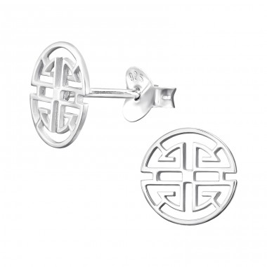 Oriental korean symmetrical zen symbol - 925 Sterling Silver Plain Ear Studs A4S45963