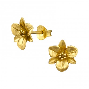 Gold plated Flower  - 925 Sterling Silver Plain Ear Studs A4S46674