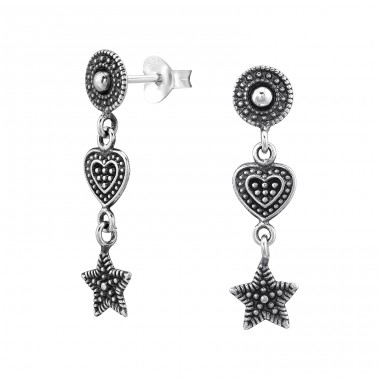 Dangling Round, Heart and Star - 925 Sterling Silver Plain Ear Studs A4S46898