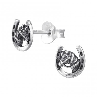 Horseshoe oxidized - 925 Sterling Silver Plain Ear Studs A4S46917