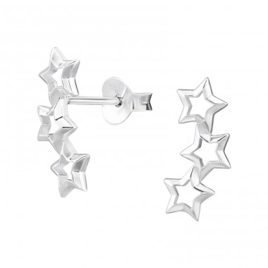 Triple Star - 925 Sterling Silver Plain Ear Studs A4S46928