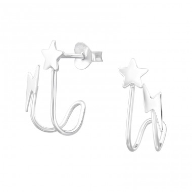 Star And Lightning - 925 Sterling Silver Plain Ear Studs A4S47071