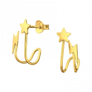 Golden Star And Lightning - 925 Sterling Silver Plain Ear Studs A4S47072