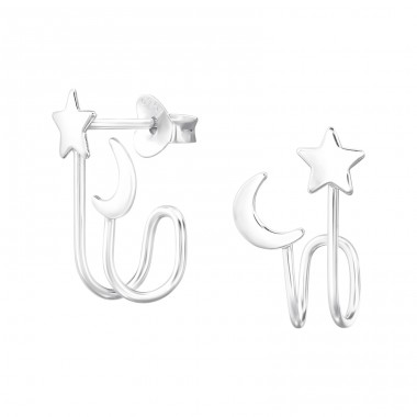 Star And Moon - 925 Sterling Silver Plain Ear Studs A4S47073