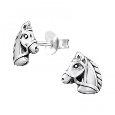 Horse oxidized  - 925 Sterling Silver Plain Ear Studs A4S47320