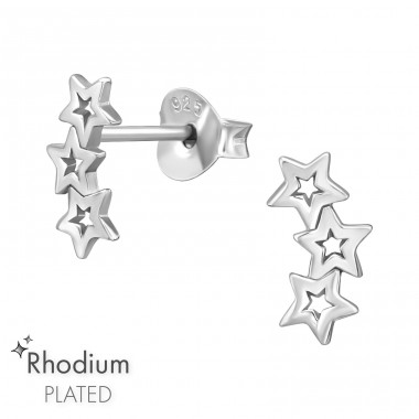 Triple Star Rhodium plated - 925 Sterling Silver Plain Ear Studs A4S47419