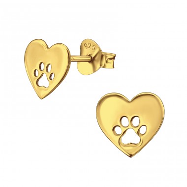 Heart And Paw Print - 925 Sterling Silver Plain Ear Studs A4S47423