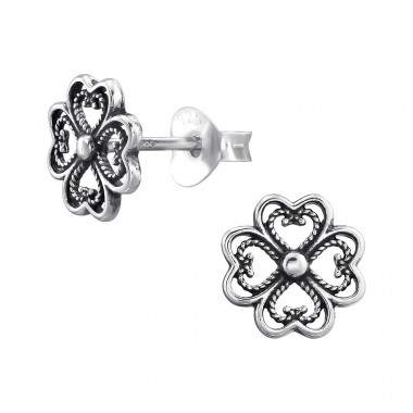 Oxidized Clover - 925 Sterling Silver Plain Ear Studs A4S47657