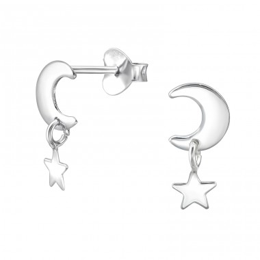 Moon And Star - 925 Sterling Silver Plain Ear Studs A4S47827