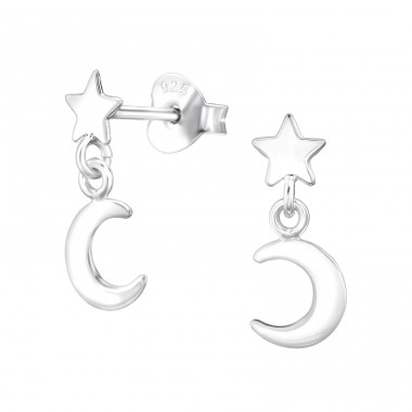 Star Und Mond - 925er Silber Glatte Ohrstecker A4S48013