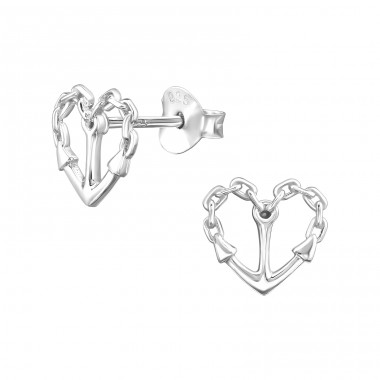 Anchor Heart - 925 Sterling Silver Plain Ear Studs A4S48426