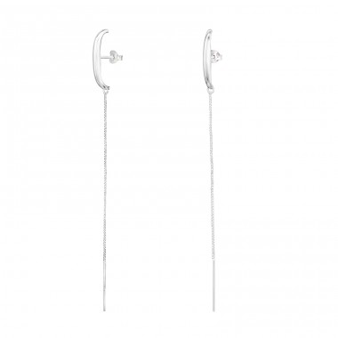 Curved with Chain - 925 Sterling Silver Plain Ear Studs A4S49208