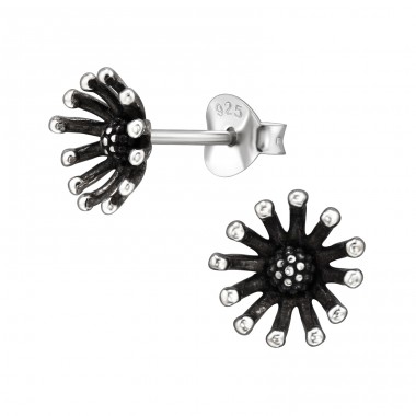 Flower Oxidized - 925 Sterling Silver Plain Ear Studs A4S49289