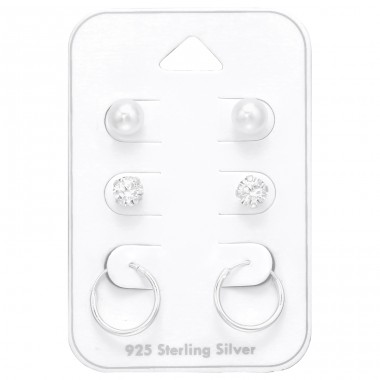 Pearl, Zirconia, Hoops earrings set on card - Paper + 925 Sterling Silver Jewellery Sets A4S44801