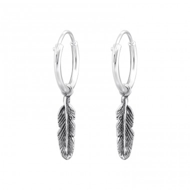 Hanging Feather - 925 Sterling Silver Ear Hoops A4S32140