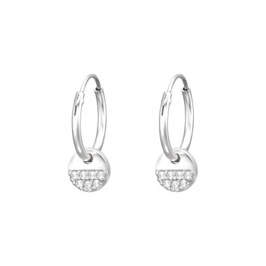 Hanging coin with zirconia - 925 Sterling Silver Ear Hoops A4S41267