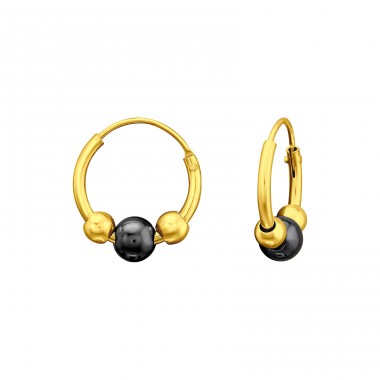 Golden 12mm Bali hoops with Hematite - 925 Sterling Silver Ear Hoops A4S45409