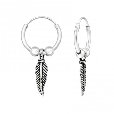 Bali hoops with Hanging Feather - 925 Sterling Silver Ear Hoops A4S45410