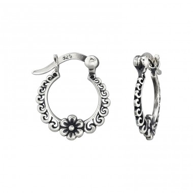 Flower Oxidized - 925 Sterling Silver Ear Hoops A4S48657