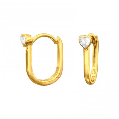 Golden Huggies with heart zirconia  - 925 Sterling Silver Ear Hoops A4S45985