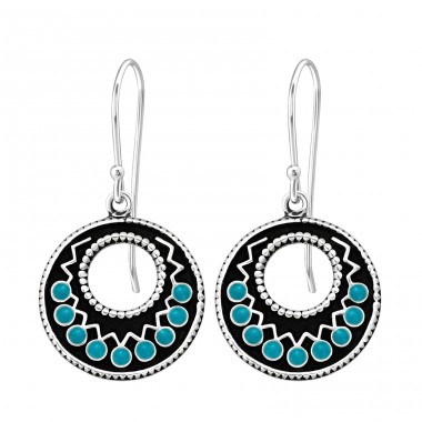 Ethnic black and turquoise - 925 Sterling Silver Basic Earrings A4S41041