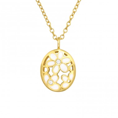 Golden white Flower with crystal - 925 Sterling Silver Necklace With Stones A4S40533