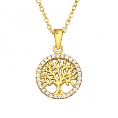 Golden Tree Of Life - 925 Sterling Silver Necklace With Stones A4S42376