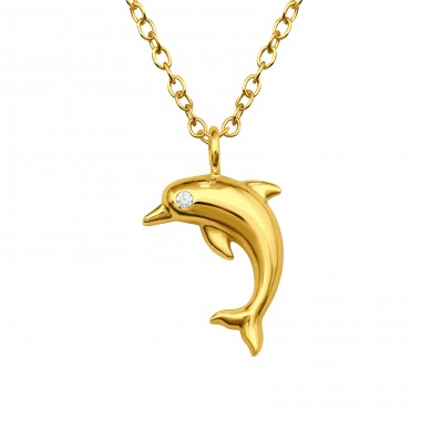 Golden Dolphin jumping - 925 Sterling Silver Necklace With Stones A4S45310