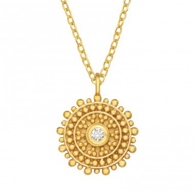 Golden Dotted Disc Necklace with Zirconia - 925 Sterling Silver Necklace With Stones A4S46228