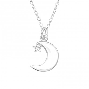 Moon With Star with Zirconia - 925 Sterling Silver Necklace With Stones A4S46699