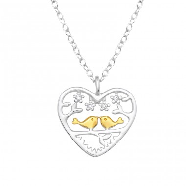 Lovebirds with Zirconia - 925 Sterling Silver Necklace With Stones A4S47287