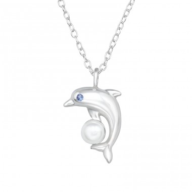 Dolphin with a pearl and crystal - 925 Sterling Silver Necklace With Stones A4S47683