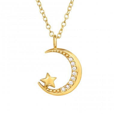 Moon And Star with cubic zirconia - 925 Sterling Silver Necklace With Stones A4S47821