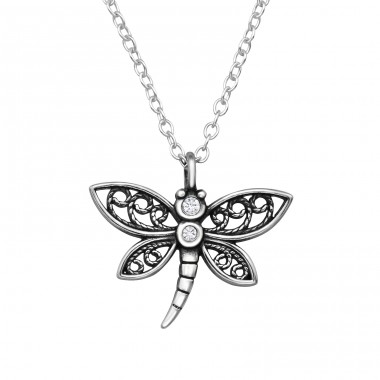 Dragonfly  with cubic zirconia - 925 Sterling Silver Necklace With Stones A4S47960