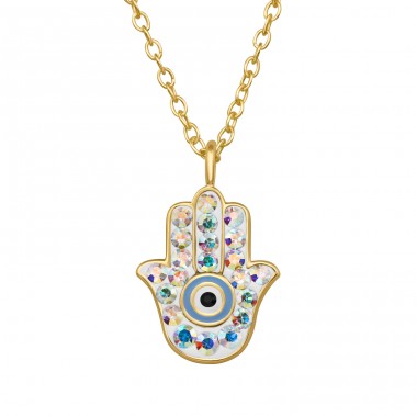 Golden Hamsa with crystals - 925 Sterling Silver Necklace With Stones A4S47963