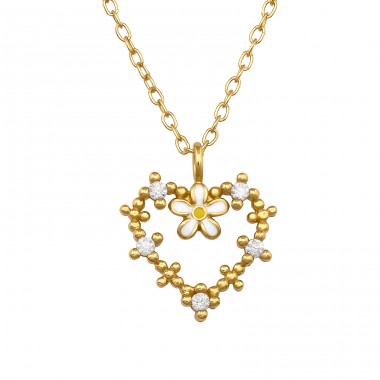 Golden Heart With Flower and Zirconia - 925 Sterling Silver Necklace With Stones A4S48258