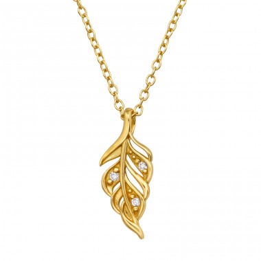 Golden Leaf with cubic zirconia - 925 Sterling Silver Necklace With Stones A4S48328