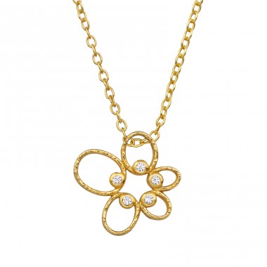 Golden Flower with Zirconia - 925 Sterling Silver Necklace With Stones A4S49181