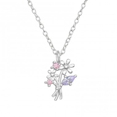 Flowers with Zirconia - 925 Sterling Silver Necklace With Stones A4S49187