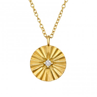 Golden Round Patterned Disc with Zirconia - 925 Sterling Silver Necklace With Stones A4S49399