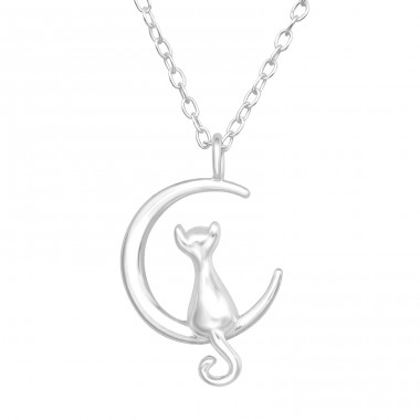 Cat On Crescent Moon - 925 Sterling Silver Necklace without stones A4S44534