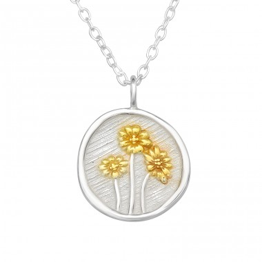 Golden Flower on vintage medalion - 925 Sterling Silver Necklace Without Stones A4S45194