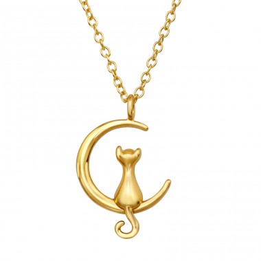 Cat On Crescent Moon - 925 Sterling Silver Necklace without stones A4S47462