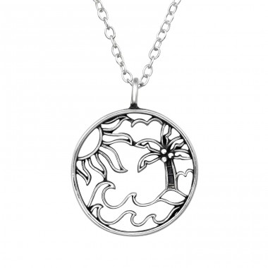 Waves, Sun & Palmtree - 925 Sterling Silver Necklace without stones A4S47814