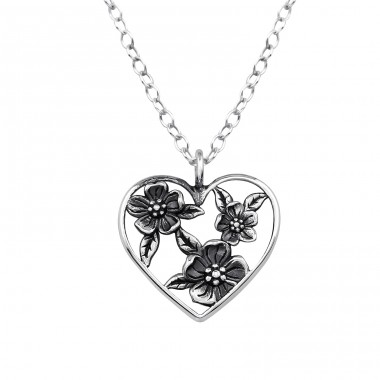 Heart With Flowers - 925 Sterling Silver Necklace without stones A4S48663