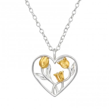 GoldenTulips in a Heart - 925 Sterling Silver Necklace Without Stones A4S49189