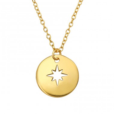 Golden Circle With Laser Cut Star - 925 Sterling Silver Necklace Without Stones A4S49402