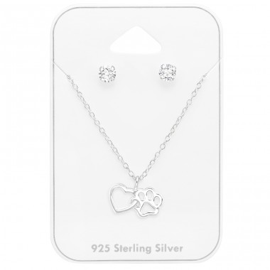 Heart And Paw Print Set - 925 Sterling Silver Sets Necklace With Earrings A4S45143